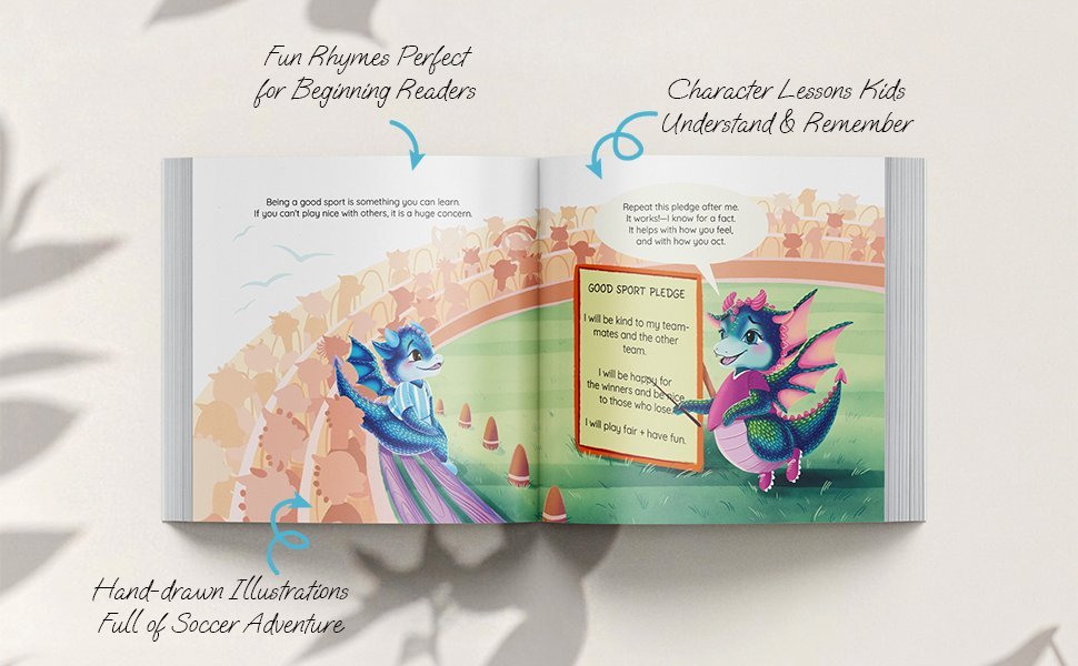 Inside Dessi The Dragon — hand-drawn book spread showing the Good Sport Pledge